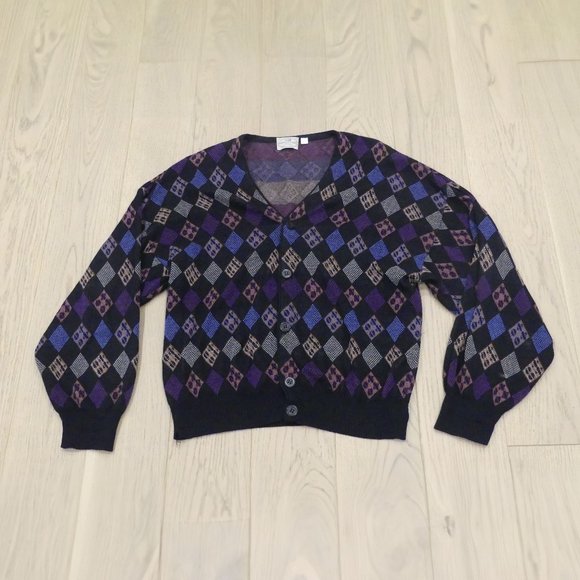 Pronto Uomo Made In Italy Black With Colourful Diamonds Large Cardigan Sweater - Picture 1 of 7